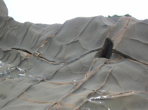 A rock face washed smooth by the sea now looks like leather